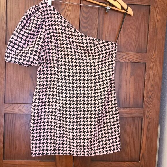 Majorelle Kirsten Mini Dress in Pink Multi Houndtooth One Shoulder XL - Picture 2 of 8